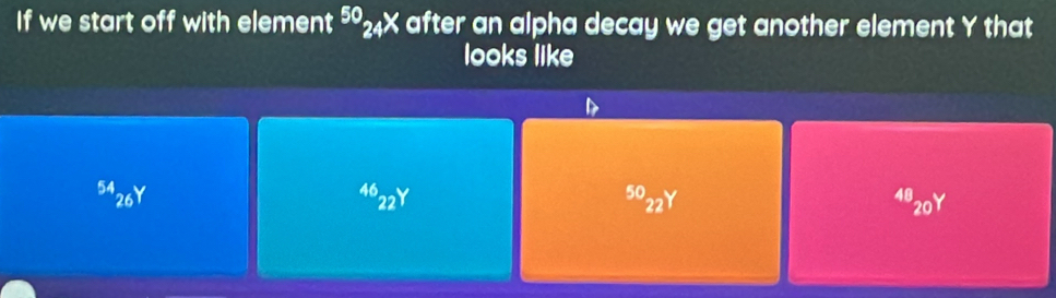 If we start off with element^(50)_24X after an alpha decay we get another element Y that
looks like^(54)_26Y^(46)_22Y^(50)_22Y^(48)_20Y