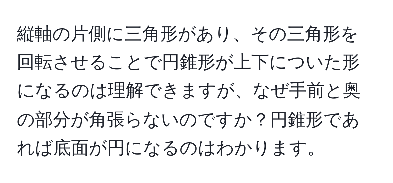 縦軸の片側に三角形があり、その三角形を回転させることで円錐形が上下についた形になるのは理解できますが、なぜ手前と奥の部分が角張らないのですか？円錐形であれば底面が円になるのはわかります。