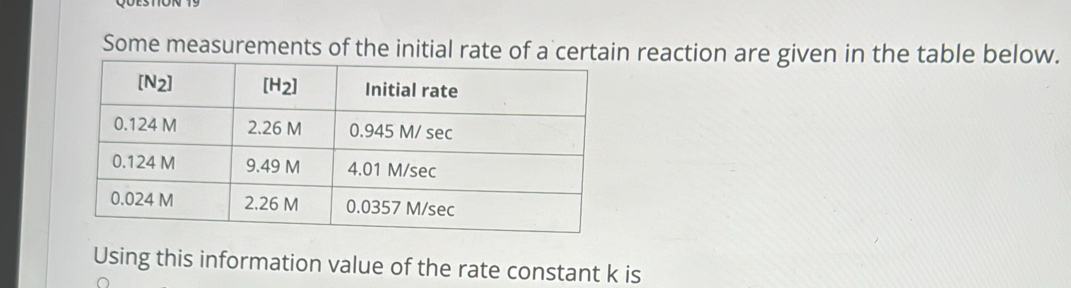 Some measurements of the initial rate of a certain reaction are given in the table below. 
Using this information value of the rate constant k is