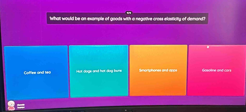 What would be an example of goods with a negative cross elasticity of demand?
Coffee and tea Hot dogs and hot dog buns Smartphones and apps Gasoline and cars