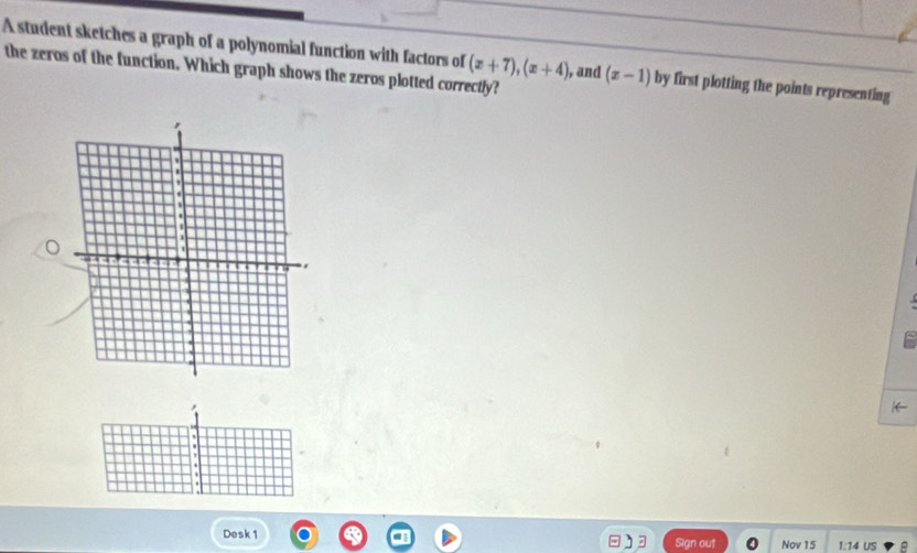 the zeros of the function. Which graph shows the zeros plotted correctly? (x+7), (x+4)
A student sketches a graph of a polynomial function with factors of , and (x-1) by first plotting the points representing 
, 
. 
Desk 1 Sign out Nov 15 1:14 US B