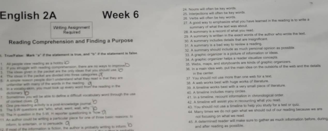 Nouns will often be key words.
English 2A Week 6 25. Interjections will often be key words.
26. Verbs will often be key words.
27. A good way to emphasize what you have leamed in the reading is to write a
Writing Assignment
summary of what the text was about.
Required 28. A summary is a record of what you read.
Reading Comprehension and Finding a Purpose 29 A summary is written in the exact words of the author who wrote the text.
30. A summary includes details that are insignificant.
31. A summary is a bad way to review a reading.
l. True/False: Mark "z" if the statement is true, and "b" if the statement is false. 32. A summary should include as much personal opinion as possible.
33. A graphic organizer is a picture of information or ideas.
1. All people view reading as a hobby 34. A graphic organizer helps a reader visualize concepts.
2. If you struggle with reading comprehension, there are no ways to improve 35. Webs, maps, and storyboards are kinds of graphic organizers.
3. The ideas given in the packel are the only ideas that you should use 36. In a main idea web, put the main idea on the outskirts of the web and the details
4. The ideas in the packel are divided into three categories.
in the center.
5. A simple reason people don't understand what they read is that they are 37. You should not use more than one web for a text.
untamilliar with many of the words in the reading
6. In a vocaby-skim, you must look up every word from the reading in the 38. A web works best with huge works of literature.
39. A timeline works best with a very small piece of literature.
dictionary
7 Sometimes you will be able to define a difficull vocabulary word through the use 40. A timeline includes many circles.
f conted clues 41. In a timeline, recount information in chronological order.
8. One pre-reading activity is a post-knowlndge journal 42. A timeline will assist you in recounting what you read.
0 The 5-W queetions are "who, what, went, wall, why 43. You should not use a timeline to help you study for a test or quiz.
10. The H question in the S-W. H reporter questioning is "how 44. Many times we do not gain what we should out of our reading because we are
11. An author could be writing a particular piece for one of three basic reasons, to not focusing on what we read.
inform, to entertain, or to persuade 45. A determined reader will make sure to gather as much information before, during
12. If most of the information is fiction, the author is probably writing to inform and after reading as possible.