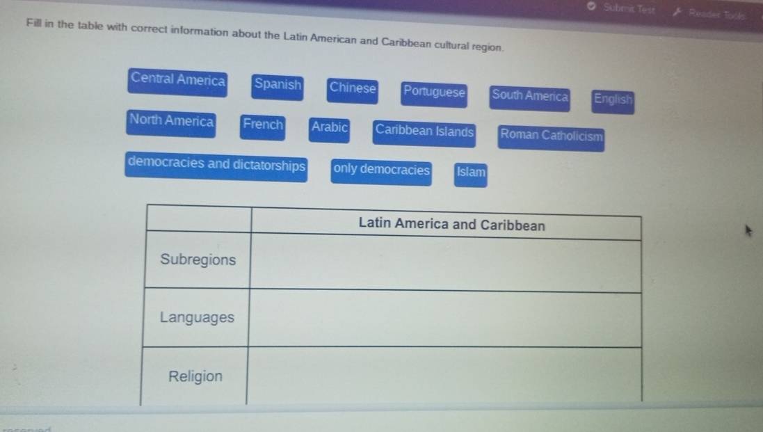 Submit Test Reader Tools
Fill in the table with correct information about the Latin American and Caribbean cultural region.
Central America Spanish Chinese Portuguese South America English
North America French Arabic Caribbean Islands Roman Catholicism
democracies and dictatorships only democracies Islam