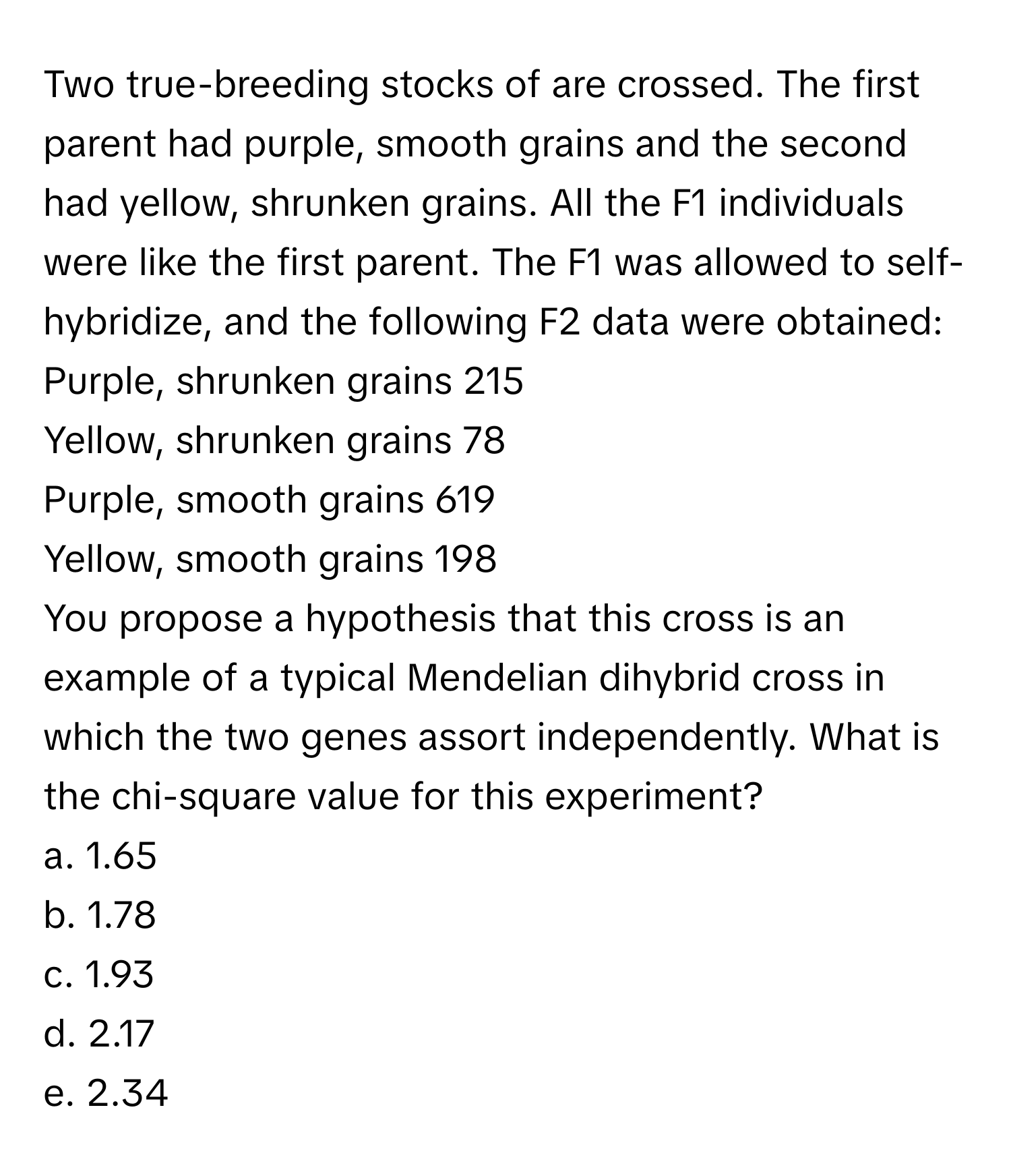 Two true-breeding stocks of are crossed. The first parent had purple, smooth grains and the second had yellow, shrunken grains. All the F1 individuals were like the first parent. The F1 was allowed to self-hybridize, and the following F2 data were obtained: 
Purple, shrunken grains 215
Yellow, shrunken grains 78
Purple, smooth grains 619
Yellow, smooth grains 198
You propose a hypothesis that this cross is an example of a typical Mendelian dihybrid cross in which the two genes assort independently. What is the chi-square value for this experiment?

a. 1.65
b. 1.78
c. 1.93
d. 2.17
e. 2.34