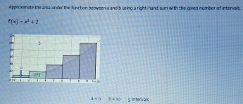 Approximate the area under the function between a and b using a right-hand sum with the given number of intervals.
f(x)=x^2+2
a=0 b=10 5 Intervals