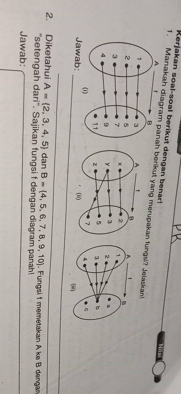 Kerjakan soal-soal berikut dengan benar! 
Nilai 
1. Manakah diagrh berikut yang merupakan fungsi? Jelaskan! 
_ 
Jawab: 
_ 
2. Diketahui A= 2,3,4,5 dan B= 4,5,6,7,8,9,10. Fungsi f memetakan A ke B dengan 
'setengah dari''. Sajikan fungsi f dengan diagram panah! 
Jawab: