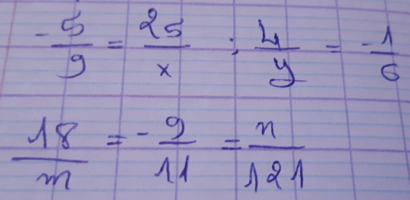 - 5/9 = 25/x : 4/y =- 1/6 
 18/m =- 9/11 = n/121 