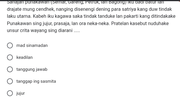 Sahajan punakawan (Semar, Gäreng, Petruk, Ian Bagong) iku đadi batur Ian
drajate mung cendhek, nanging disenengi dening para satriya kang duw tindak
laku utama. Kabeh iku kagawa saka tindak tanduke Ian pakarti kang ditindakake
Punakawan sing jujur, prasaja, Ian ora neka-neka. Pratelan kasebut nuduhake
unsur crita wayang sing diarani .....
mad sinamadan
keadilan
tanggung jawab
tanggap ing sasmita
jujur