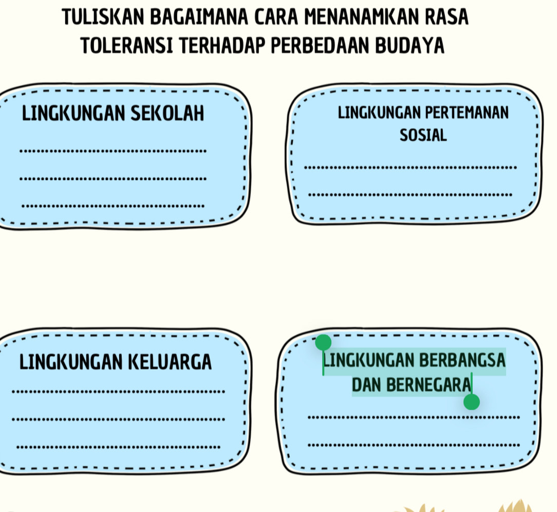 TULISKAN BAGAIMANA CARA MENANAMKAN RASA 
TOLERANSI TERHADAP PERBEDAAN BUDAYA 
LINGKUNGAN SEKOLAH LINGKUNGAN PERTEMANAN 
_ 
SOSIAL 
_ 
_ 
_ 
_ 
LINGKUNGAN KELUARGA LINGKUNGAN BERBANGSA 
_ 
DAN BERNEGARA 
_ 
_ 
_ 
_