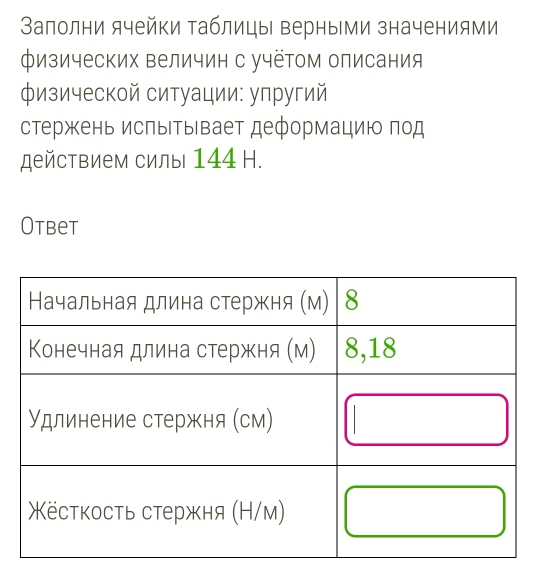 Залолни ячейки таблицы верными значениями 
физических величин с учётом описания 
физической ситуации: улругий 
стержень исπыΙΤыевает деформациюо πод 
действием силы 144 H. 
Otbet