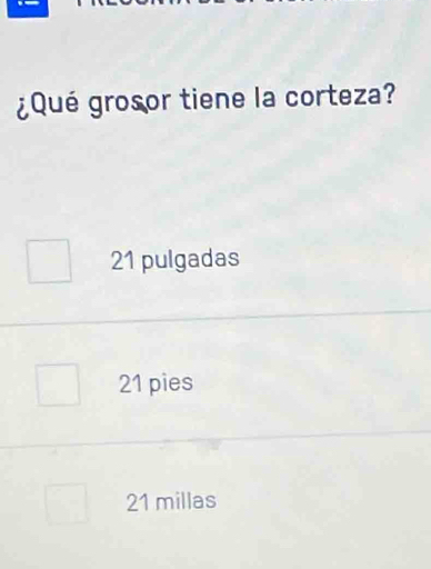 ¿Qué grosor tiene la corteza?
21 pulgadas
21 pies
21 millas