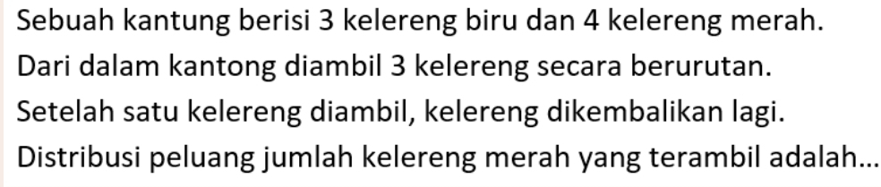 Sebuah kantung berisi 3 kelereng biru dan 4 kelereng merah. 
Dari dalam kantong diambil 3 kelereng secara berurutan. 
Setelah satu kelereng diambil, kelereng dikembalikan lagi. 
Distribusi peluang jumlah kelereng merah yang terambil adalah...