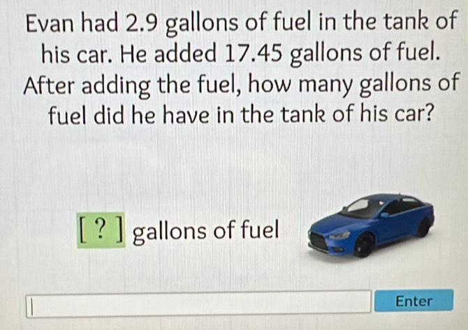 Evan had 2.9 gallons of fuel in the tank of 
his car. He added 17.45 gallons of fuel. 
After adding the fuel, how many gallons of 
fuel did he have in the tank of his car? 
[ ? ] gallons of fuel 
Enter