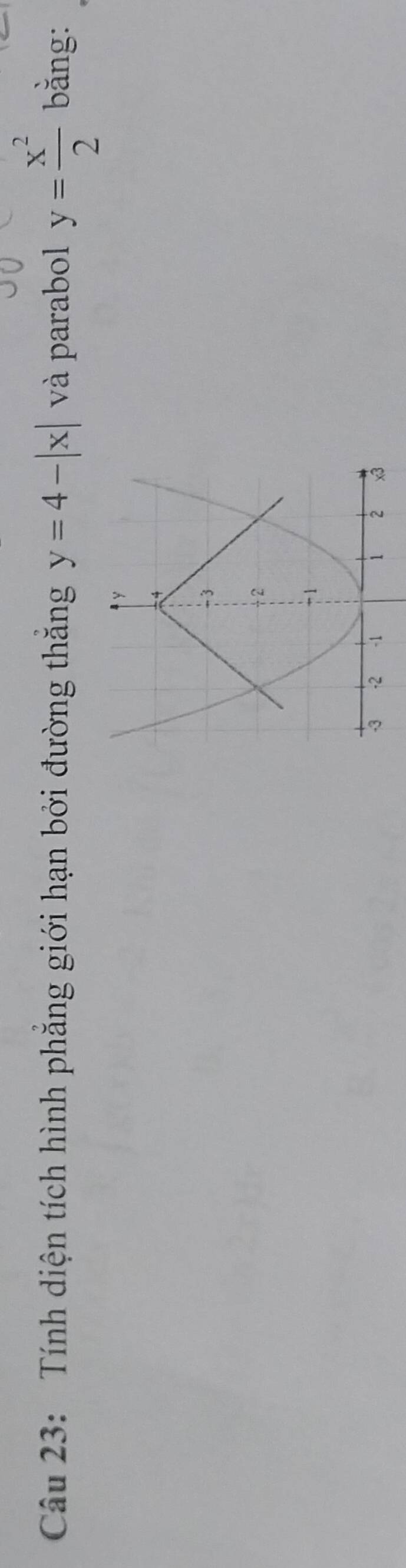 Tính diện tích hình phăng giới hạn bởi đường thăng y=4-|x| và parabol y= x^2/2  bằng: