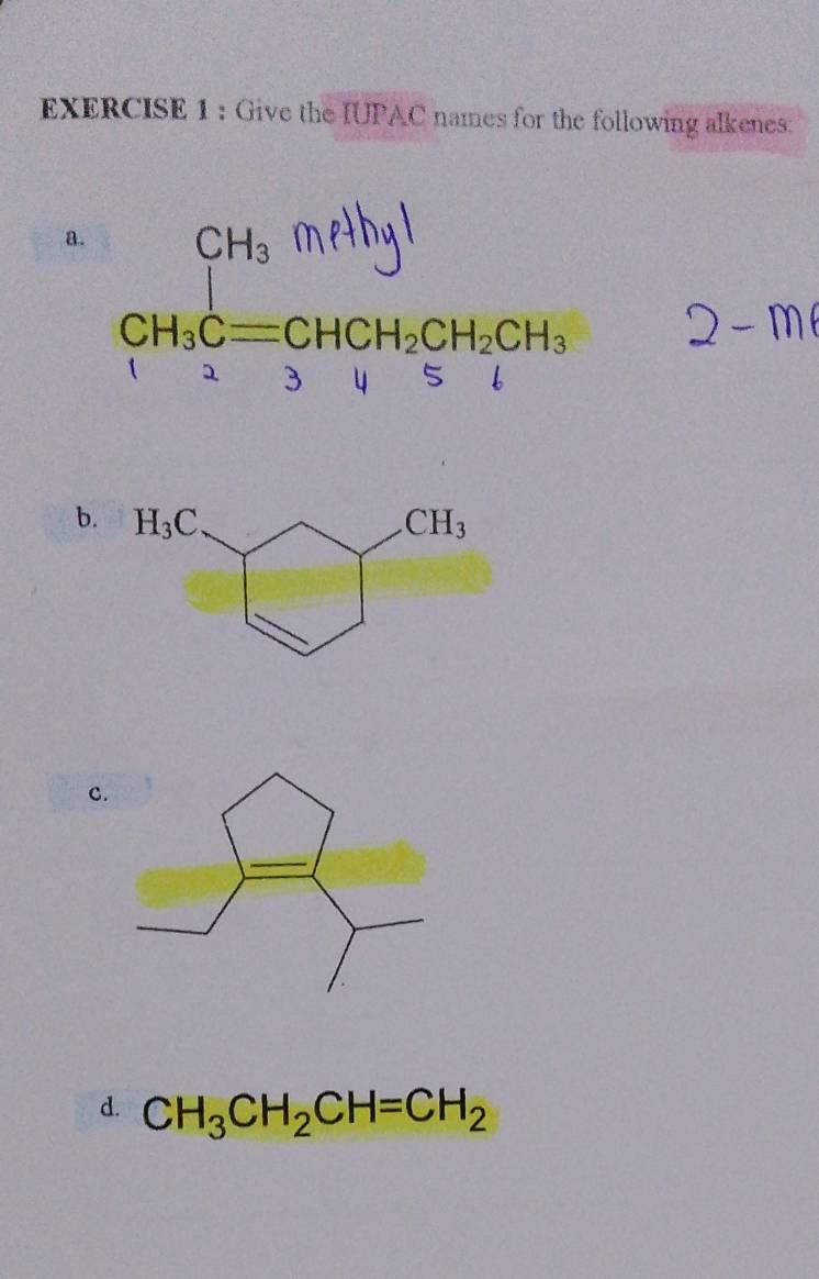 Give the IUPAC names for the following alkenes:
a.
b.
c
d. CH_3CH_2CH=CH_2