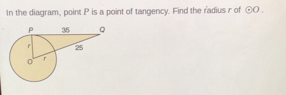 In the diagram, point P is a point of tangency. Find the radius r of odot O.