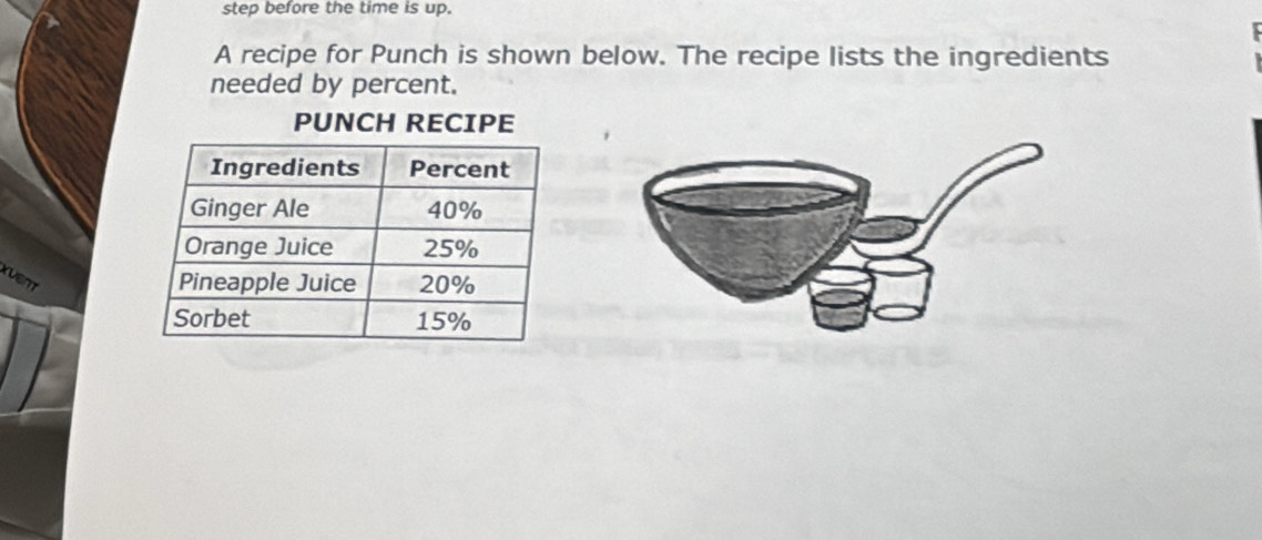 step before the time is up. 
A recipe for Punch is shown below. The recipe lists the ingredients 
needed by percent. 
PUNCH RECIPE 
XUENT