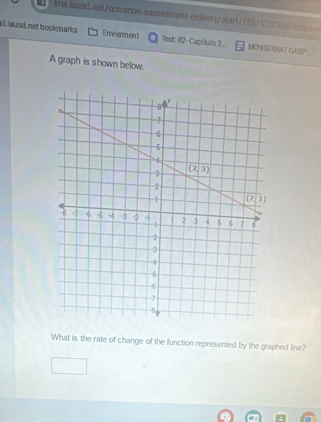 ail lausd net bookmarks . Envierment Test: R2-Capítuo 2... MONSERRAT GASP
A graph is shown below.
What is the rate of change of the function represented by the graphed line?