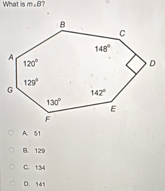 What is m∠ B ?
A. 51
B. 129
C. 134
D. 141