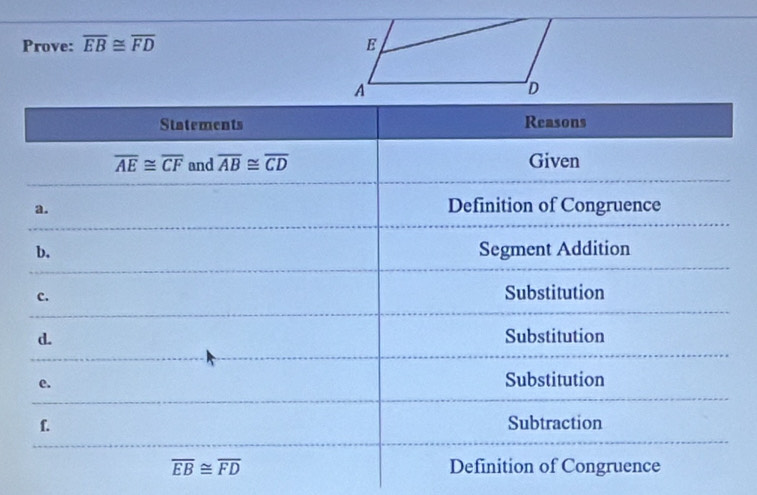 Prove: overline EB≌ overline FD