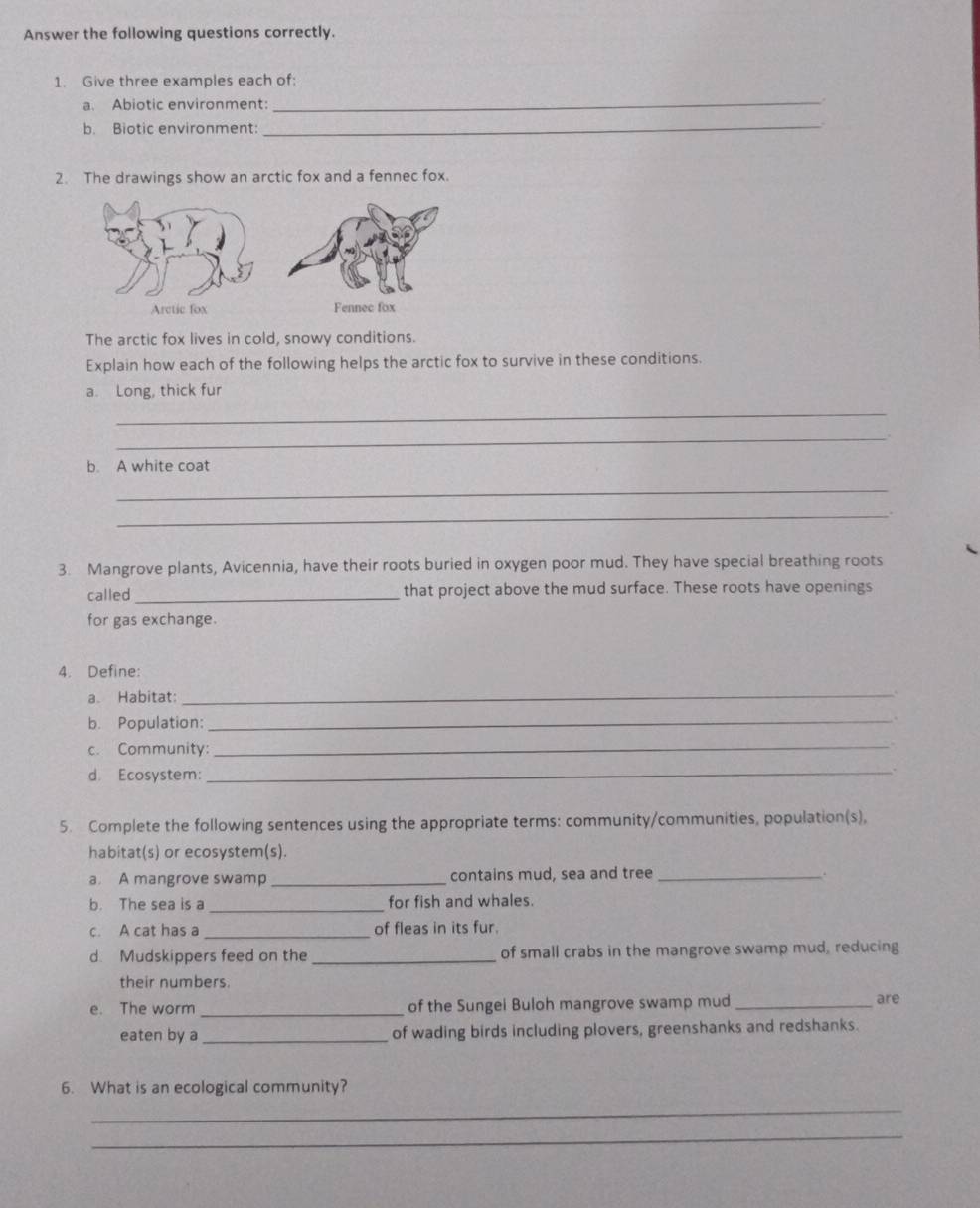 Answer the following questions correctly. 
1. Give three examples each of: 
a. Abiotic environment: 
_ 
b. Biotic environment: 
_ 
. 
2. The drawings show an arctic fox and a fennec fox. 
Fennec fox 
The arctic fox lives in cold, snowy conditions. 
Explain how each of the following helps the arctic fox to survive in these conditions. 
a. Long, thick fur 
_ 
_ 
b. A white coat 
_ 
_ 
3. Mangrove plants, Avicennia, have their roots buried in oxygen poor mud. They have special breathing roots 
called _that project above the mud surface. These roots have openings 
for gas exchange. 
4. Define: 
a. Habitat: 
_ 
b. Population:_ 
c. Community:_ 
d. Ecosystem: 
_ 
5. Complete the following sentences using the appropriate terms: community/communities, population(s), 
habitat(s) or ecosystem(s). 
a. A mangrove swamp _contains mud, sea and tree_ 
. 
b. The sea is a _for fish and whales. 
c. A cat has a _of fleas in its fur. 
d. Mudskippers feed on the _of small crabs in the mangrove swamp mud, reducing 
their numbers. 
e. The worm_ of the Sungei Buloh mangrove swamp mud_ are 
eaten by a _of wading birds including plovers, greenshanks and redshanks. 
6. What is an ecological community? 
_ 
_