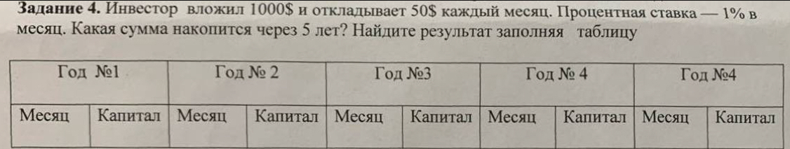 Βадание 4. Инвестор вложил 1000$ иоτκладьвает 50$ каждый месяц. Проценτнаяставка — 1% в 
месяц. Какаясумма накопится через 5 лет? Найлите результат залолняя таблицу