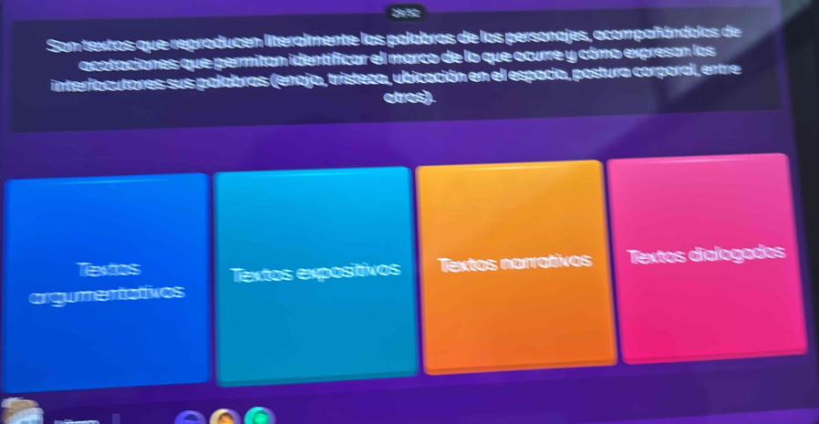 255 
Son textos que reproducen literalmente las palabras de los personajes, acompañándolas de 
acotaciones que permitan identificar el marco de lo que ocurre y cómo expresan las 
interlocutores sus palabras (enojo, tristeza, ubicación en el espacio, postura corporal, entre 
etros). 
Taxtos Textos expositivos Textos narrativos Textos dialogados 
argumentatives