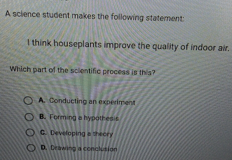 A science student makes the following statement:
I think houseplants improve the quality of indoor air.
Which part of the scientific process is this?
A. Conducting an experiment
B. Forming a hypothesis
C. Developing a theory
D. Drawing a conclusion