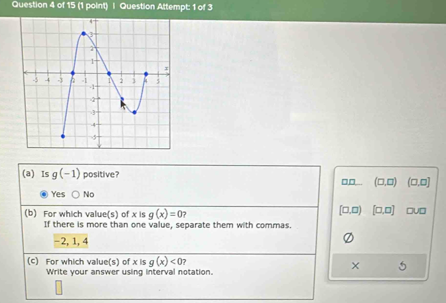 Question Attempt: 1 of 3
(a) Is g(-1) positive? □... (□ ,□ ) (□ ,□ ]
7
Yes No
[□ ,□ ) [□ ,□ ]
(b) For which value(s) of x is g(x)=0 □U□
If there is more than one value, separate them with commas.
-2, 1, 4
(c) For which value(s) of x is g(x)<0</tex> ?
Write your answer using interval notation.
× 5