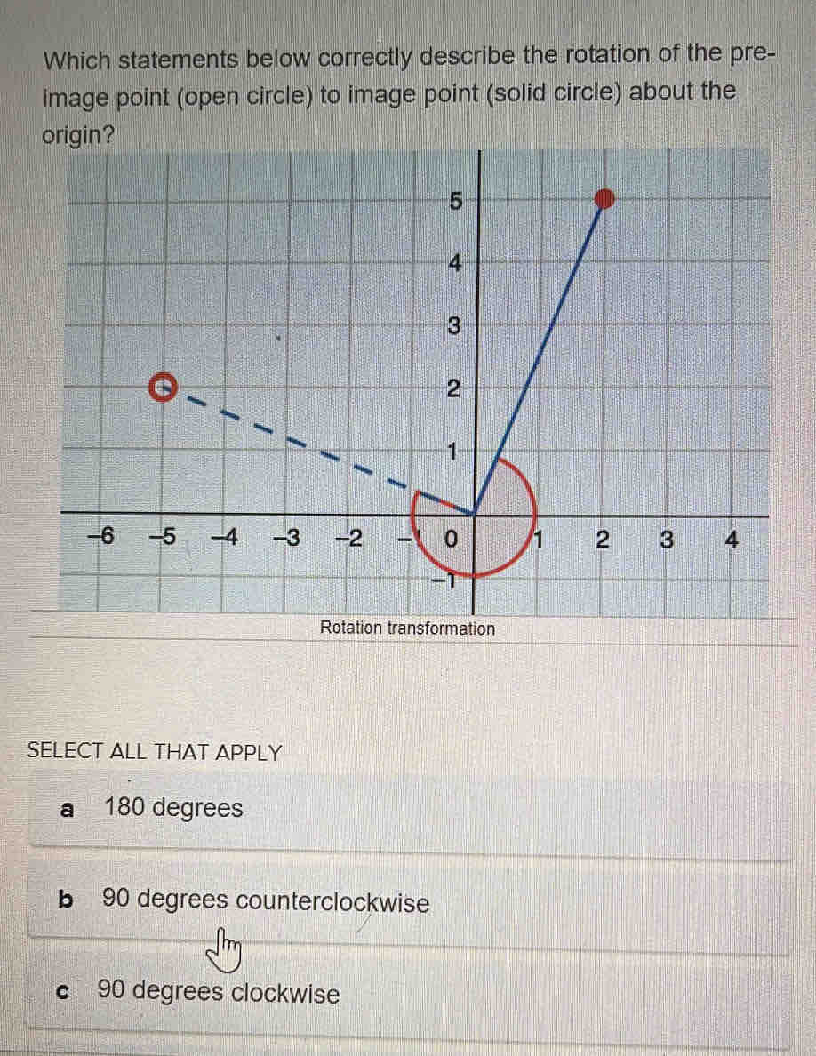 Which statements below correctly describe the rotation of the pre-
image point (open circle) to image point (solid circle) about the
SELECT ALL THAT APPLY
180 degrees
b 90 degrees counterclockwise
c 90 degrees clockwise