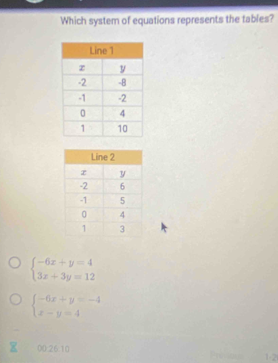 Which system of equations represents the tables?
beginarrayl -6x+y=4 3x+3y=12endarray.
beginarrayl -6x+y=-4 x-y=4endarray.
00:26:10
Prevsons 1-2