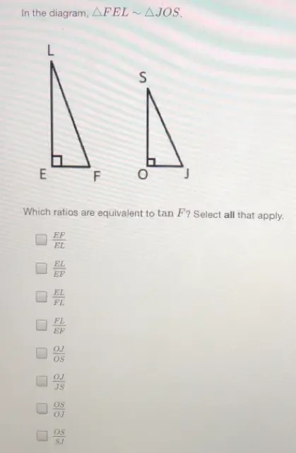 Solved: In the diagram, FELsim JOS. Which ratios are equivalent to tan ...