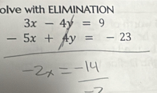 olve with ELIMINATION
3x-4y=9
-5x+4y=-23