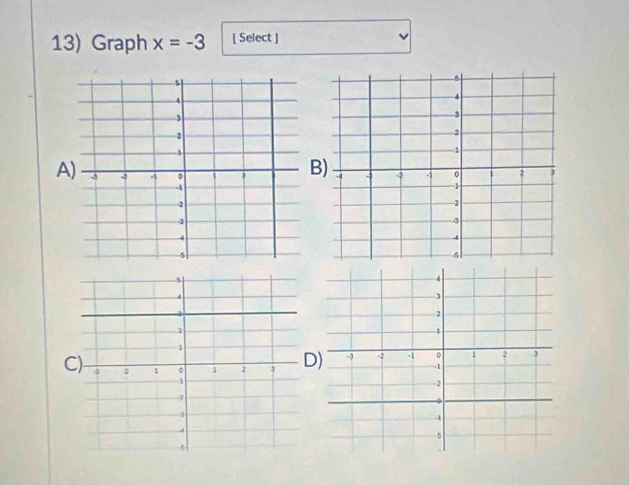 Graph x=-3 [ Select ] 
B 
A 
C)