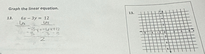 Graph the linear equation. 
13 
13. 6x-3y=12