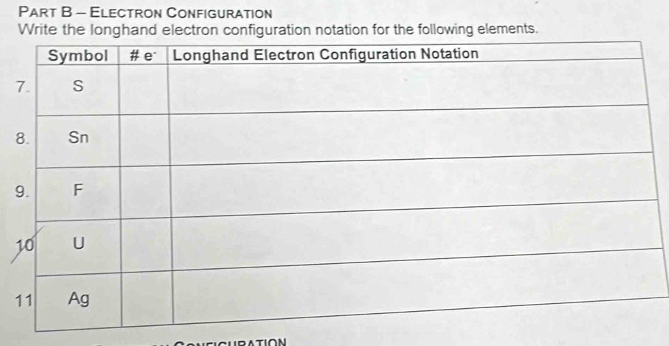 Electron Configuration 
Write the longhand electron configuration notation for the following elements. 
1