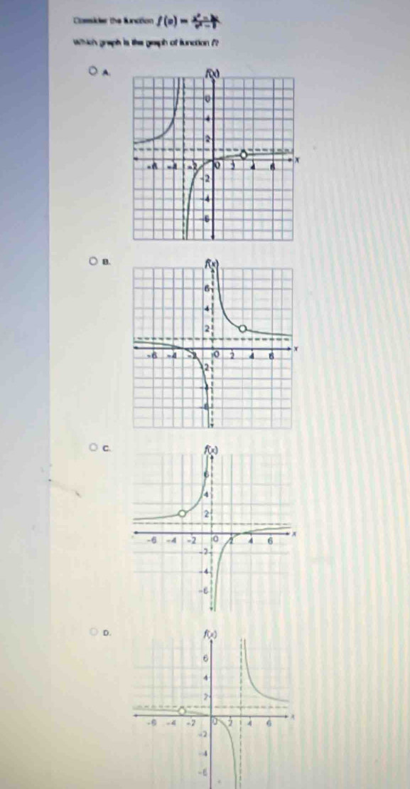 Cossider the function f(x)= (x^2-3x)/e^x-1 
wWhich graph is the geaph of function ??
A
B.
c.
D.