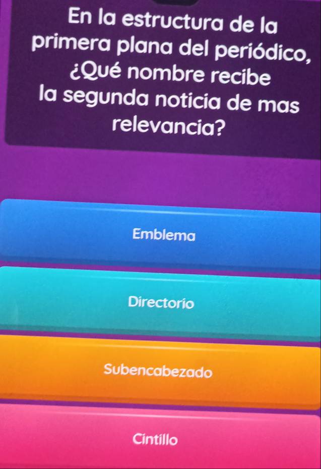 En la estructura de la
primera plana del periódico,
¿Qué nombre recibe
la segunda noticia de mas
relevancia?
Emblema
Directorio
Subencabezado
Cintillo