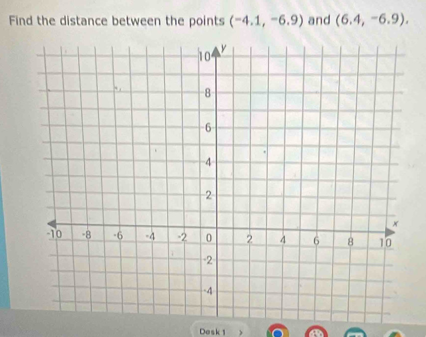 Find the distance between the points (-4.1,-6.9) and (6.4,-6.9). 
Dask 1