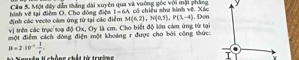 Một dây dẫn thẳng dài xuyên qua và vuông góc với mặt phăng 
hình vẽ tại điểm O. Cho dòng điện I=6A có chiều như hình vẽ. Xác 
định các vecto cảm ứng từ tại các điểm M(6,2), N(0,5), P(3,-4). Đơn 
vị trên các trục toạ độ Ox, Oy là cm. Cho biết độ lớn cảm ứng từ tại 
một điểm cách dòng điện một khoảng r được cho bởi công thức:
B=2· 10^(-7)·  1/r . 
b) Nguyên l( chồng chất từ trường