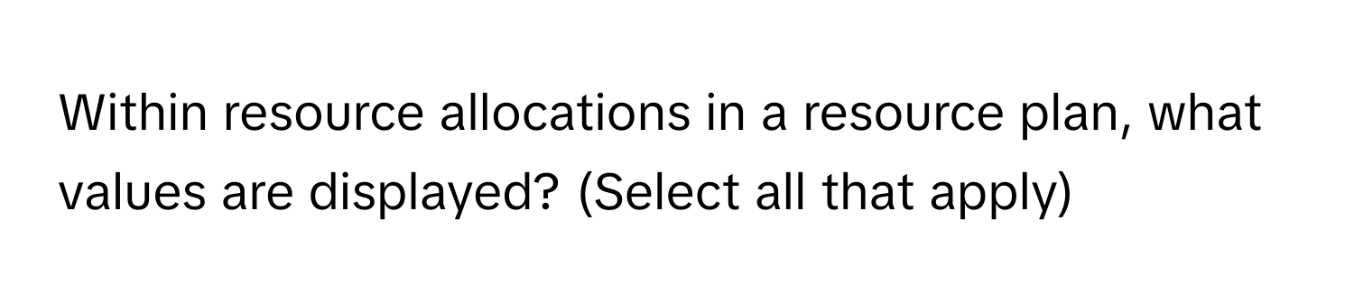 Within resource allocations in a resource plan, what values are displayed? (Select all that apply)