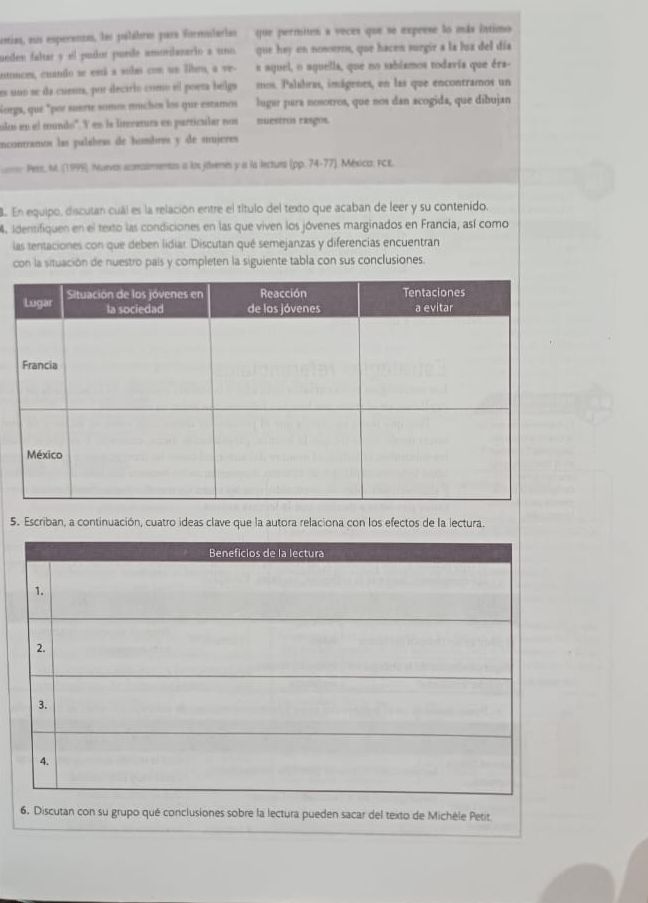 antias, sus esperantas, las palabras par formilarles que permites a veces que se exprese lo más íntimo 
unden faltar y el pudor puede amonidazario a uno. que hey en nosoeros, que hacen surgir a la luz del día 
ntonces, cuando se está a subo com un libro, a ve- a aquel, o aquella, que no sabiamos todavía que éra- 
m uno se da cuena, por dectrio como el poeta belga mos. Palabras, imágenes, en las que encontramos un 
Gorga, que "por suerte somo muchos los que estamos lugar para nosotros, que nos dan acogida, que dibujan 
olos en el mundo'. V en la literetura en particular nos nuestros rasgos. 
incontramos las palabras de hombrés y de mujeres 
=== Pert, M. (1999). Nurvas aomaments a los jávenes y a la lectura (pp. 74-77). México: FCE. 
8. En equipo, discutan cuál es la relación entre el título del texto que acaban de leer y su contenido. 
4. identifiquen en el texto las condiciones en las que viven los jóvenes marginados en Francia, así como 
las tentaciones con que deben lidiar. Discutan qué semejanzas y diferencias encuentran 
con la situación de nuestro pais y completen la siguiente tabla con sus conclusiones. 
5. Escriban, a continuación, cuatro ideas clave que la autora relaciona con los efectos de la lectura. 
6. Discutan con su grupo qué conclusiones sobre la lectura pueden sacar del texto de Michèle Petit.
