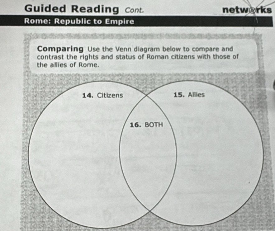 Guided Reading Cont. networks 
Rome: Republic to Empire 
Comparing Use the Venn diagram below to compare and 
contrast the rights and status of Roman citizens with those of 
the allies of Rome.