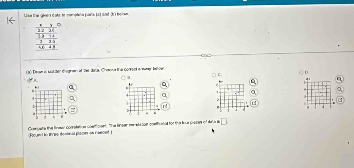 Use the given data to complete parts (a) and (b) below.
beginarrayr frac  x/22 frac y_  3914/35 frac 4 _ _  3/46 48endarray  
(a) Draw a scatter diagram of the data. Choose the correct answer below, 
B. 
C. 
D. 
A.
y
y
6 - 
4 .
4
2
2
x
0
0
0 2 4 6
0 2 4 6
Compute the linear correlation coefficient. The linear correlation coefficient for the four pieces of data is □ . 
(Round to three decimal places as needed.)