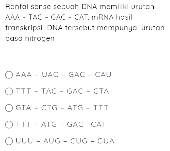 Telah dijawab:Rantai sense sebuah DNA memiliki urutan AAA - TAC - GAC ...