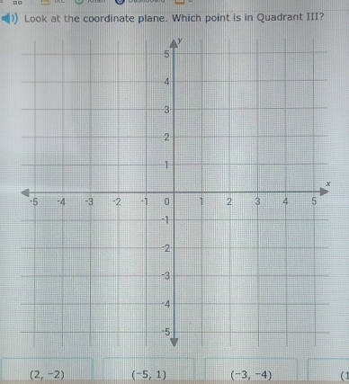 □□
)) Look at the coordinate plane. Which point is in Quadrant III?
(2,-2) (-5,1) (-3,-4) ( 1