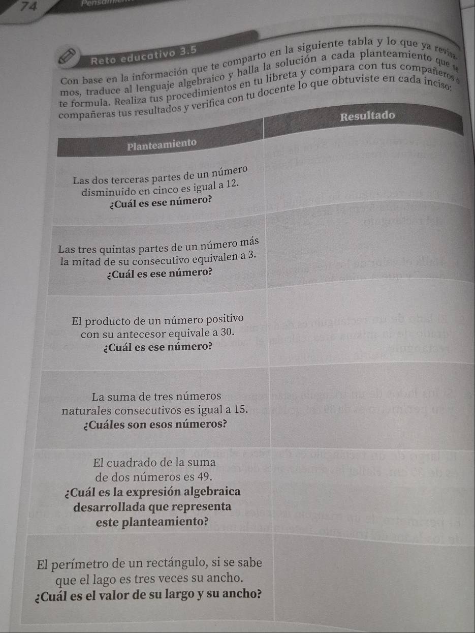 Penso 
Reto educativo 3.5 
Con base en la información que te comparto en la siguiente tabla y lo que ya revisa 
je algebraico y halla la solución a cada planteamiento que s 
en tu libreta y compara con tus compañeros 
o que obtuviste en cada incio: