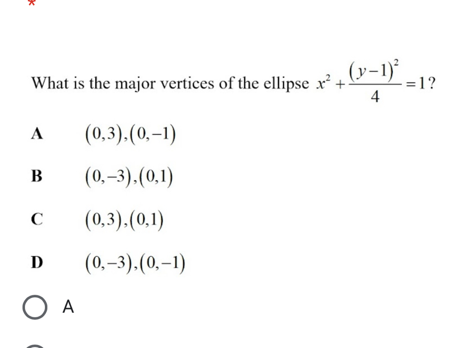 What is the major vertices of the ellipse x^2+frac (y-1)^24=1 ?
A (0,3),(0,-1)
B (0,-3), (0,1)
C (0,3),(0,1)
D (0,-3), (0,-1)
A