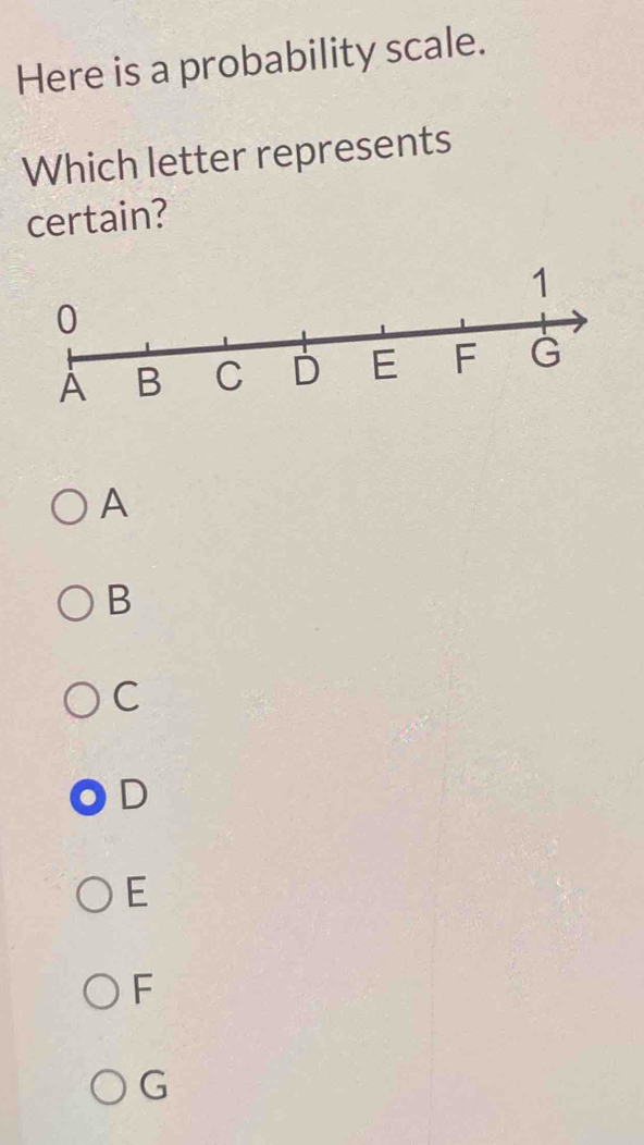 Here is a probability scale.
Which letter represents
certain?
A
B
C
D
E
F
G