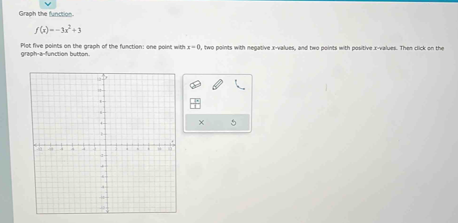 Graph the function.
f(x)=-3x^2+3
Plot five points on the graph of the function: one point with x=0 , two points with negative x -values, and two points with positive x -values. Then click on the 
graph-a-function button. 
5